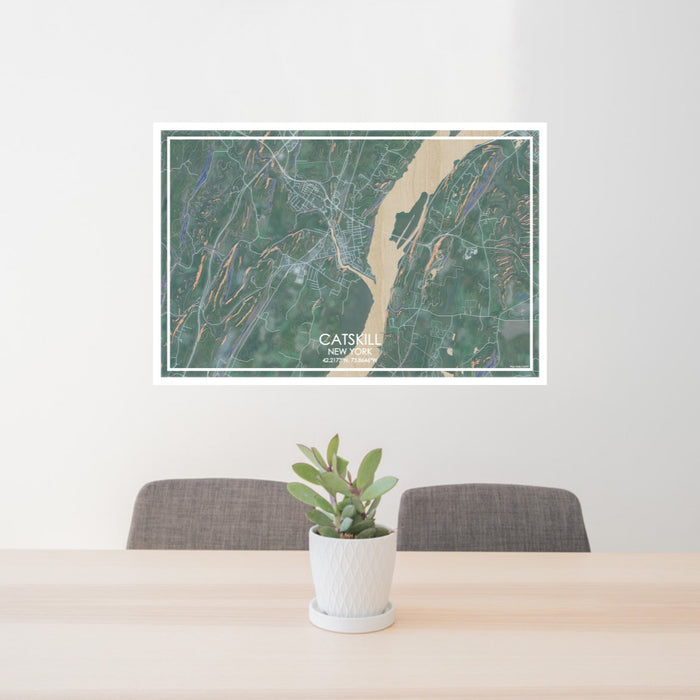 24x36 Catskill New York Map Print Lanscape Orientation in Afternoon Style Behind 2 Chairs Table and Potted Plant
