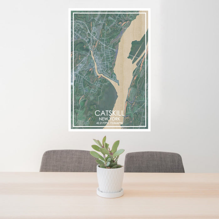 24x36 Catskill New York Map Print Portrait Orientation in Afternoon Style Behind 2 Chairs Table and Potted Plant