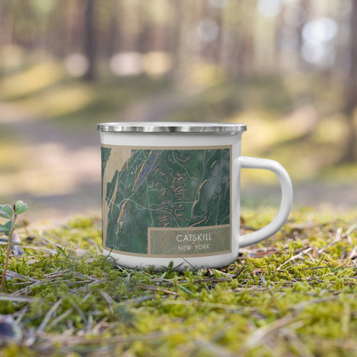 Right View Custom Catskill New York Map Enamel Mug in Afternoon on Grass With Trees in Background