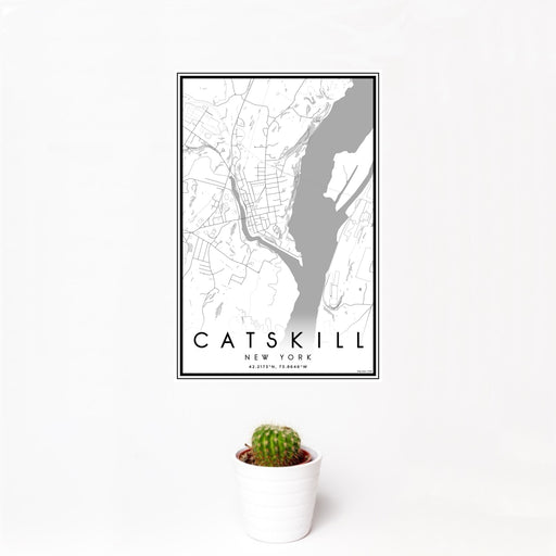 12x18 Catskill New York Map Print Portrait Orientation in Classic Style With Small Cactus Plant in White Planter