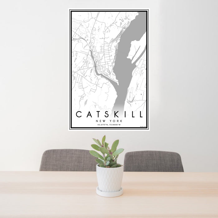 24x36 Catskill New York Map Print Portrait Orientation in Classic Style Behind 2 Chairs Table and Potted Plant