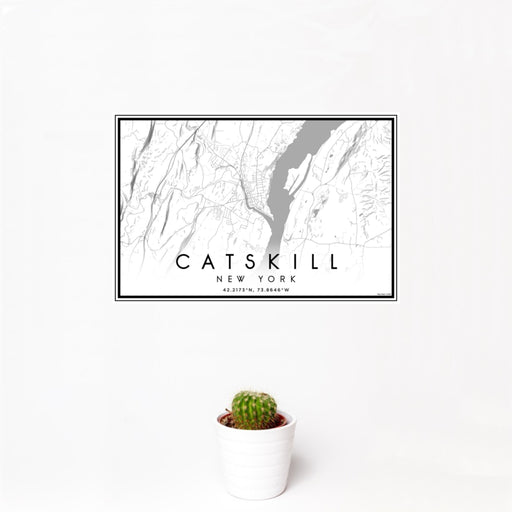 12x18 Catskill New York Map Print Landscape Orientation in Classic Style With Small Cactus Plant in White Planter