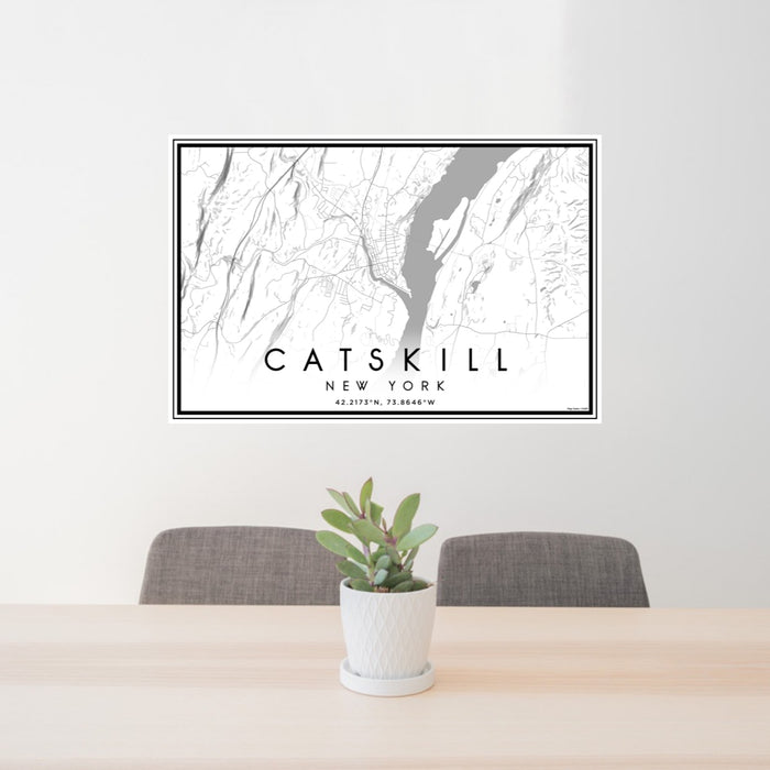 24x36 Catskill New York Map Print Landscape Orientation in Classic Style Behind 2 Chairs Table and Potted Plant