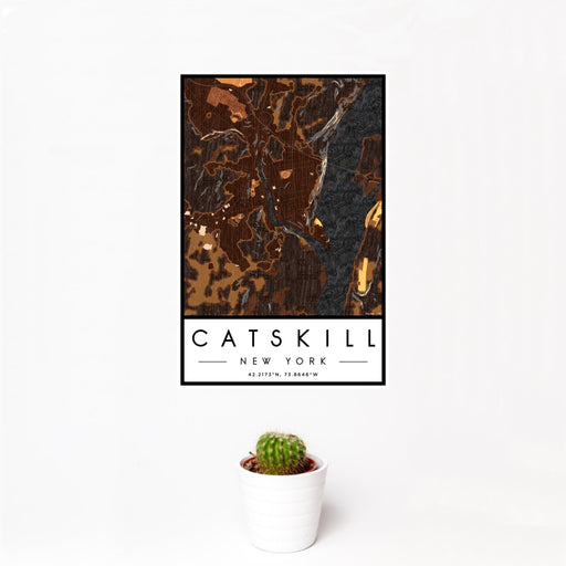 12x18 Catskill New York Map Print Portrait Orientation in Ember Style With Small Cactus Plant in White Planter