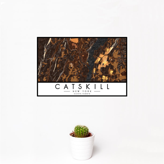 12x18 Catskill New York Map Print Landscape Orientation in Ember Style With Small Cactus Plant in White Planter