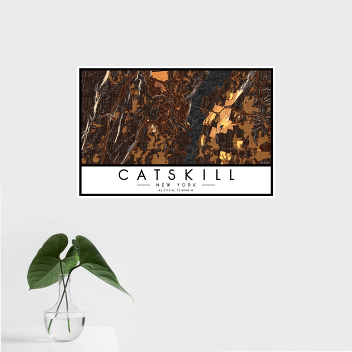 16x24 Catskill New York Map Print Landscape Orientation in Ember Style With Tropical Plant Leaves in Water