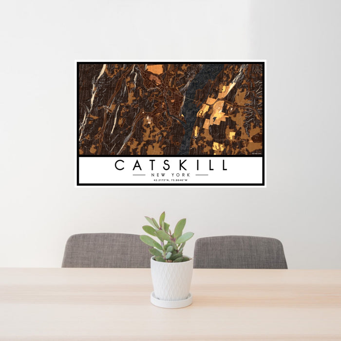 24x36 Catskill New York Map Print Landscape Orientation in Ember Style Behind 2 Chairs Table and Potted Plant
