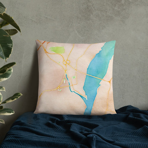Custom Catskill New York Map Throw Pillow in Watercolor on Bedding Against Wall
