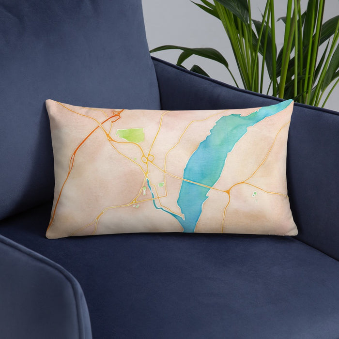 Custom Catskill New York Map Throw Pillow in Watercolor on Blue Colored Chair