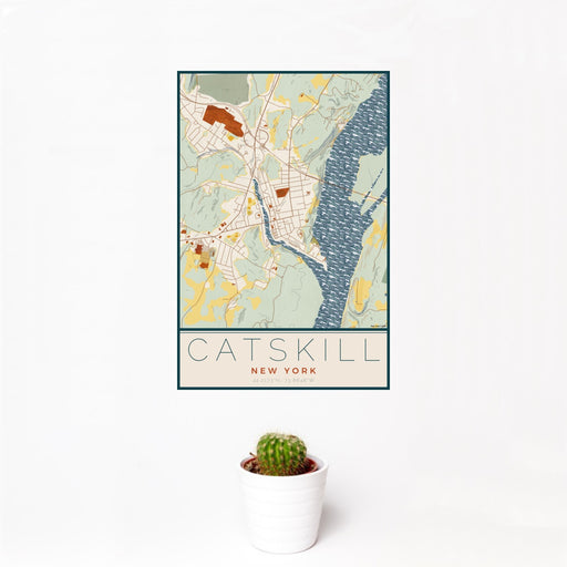 12x18 Catskill New York Map Print Portrait Orientation in Woodblock Style With Small Cactus Plant in White Planter