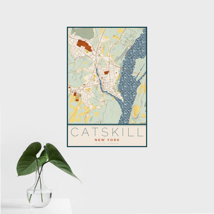 16x24 Catskill New York Map Print Portrait Orientation in Woodblock Style With Tropical Plant Leaves in Water