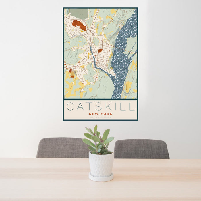 24x36 Catskill New York Map Print Portrait Orientation in Woodblock Style Behind 2 Chairs Table and Potted Plant