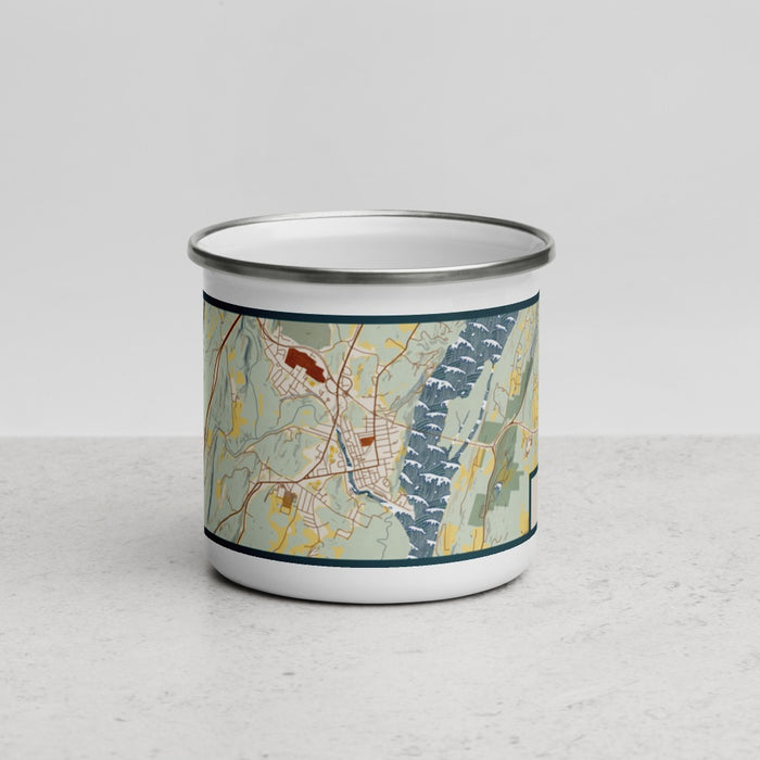 Front View Custom Catskill New York Map Enamel Mug in Woodblock