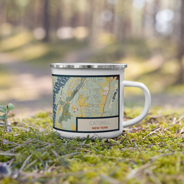 Right View Custom Catskill New York Map Enamel Mug in Woodblock on Grass With Trees in Background