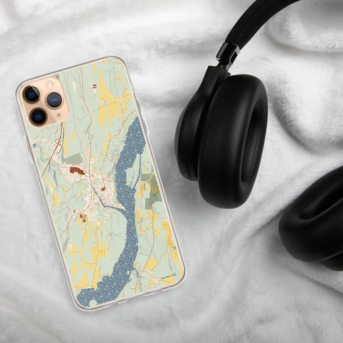 Custom Catskill New York Map Phone Case in Woodblock on Table with Black Headphones