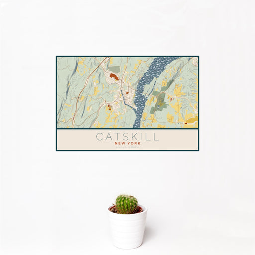 12x18 Catskill New York Map Print Landscape Orientation in Woodblock Style With Small Cactus Plant in White Planter