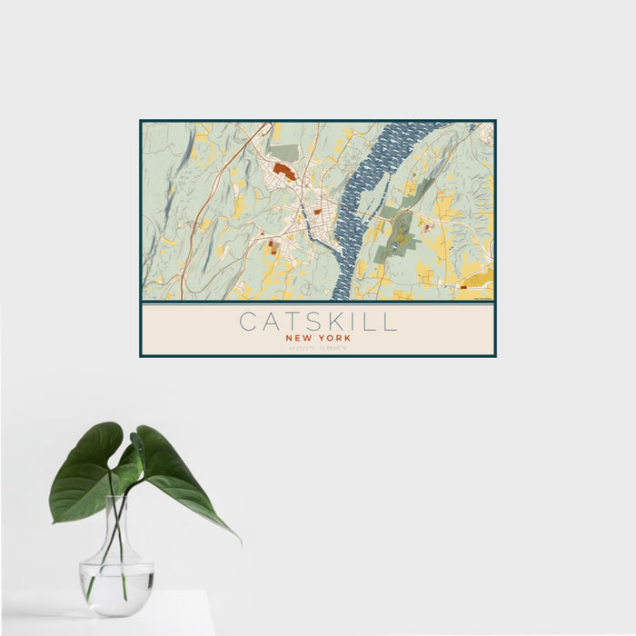 16x24 Catskill New York Map Print Landscape Orientation in Woodblock Style With Tropical Plant Leaves in Water