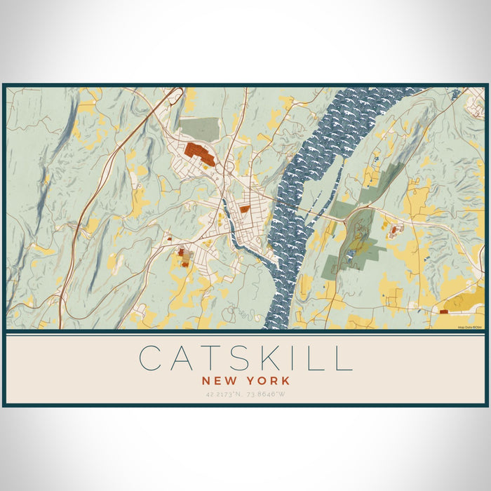 Catskill New York Map Print Landscape Orientation in Woodblock Style With Shaded Background