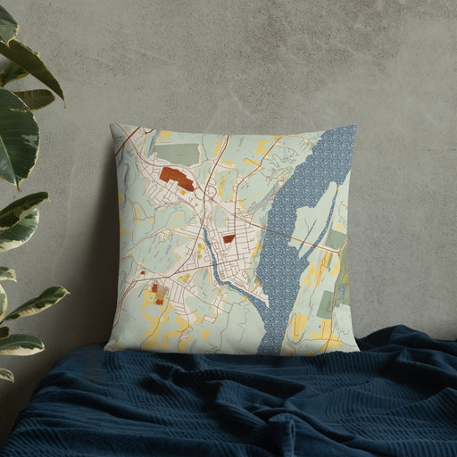 Custom Catskill New York Map Throw Pillow in Woodblock on Bedding Against Wall