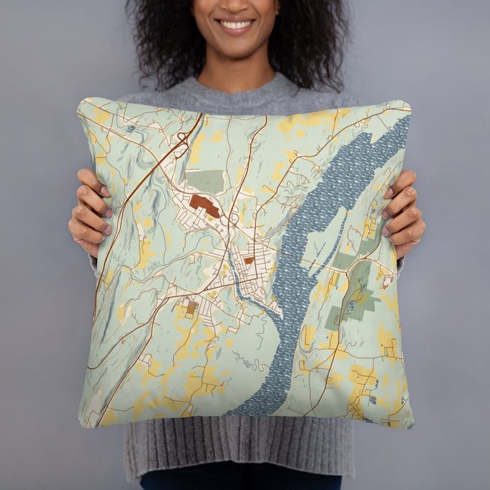 Person holding 18x18 Custom Catskill New York Map Throw Pillow in Woodblock