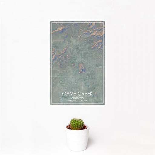 12x18 Cave Creek Arizona Map Print Portrait Orientation in Afternoon Style With Small Cactus Plant in White Planter
