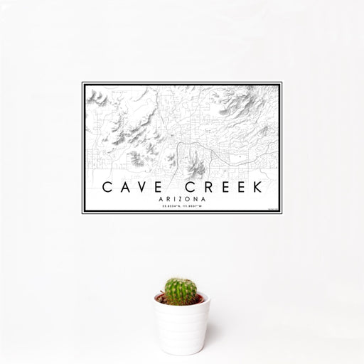 12x18 Cave Creek Arizona Map Print Landscape Orientation in Classic Style With Small Cactus Plant in White Planter