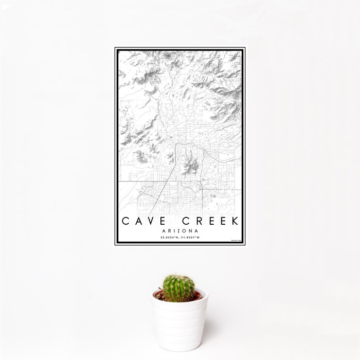 12x18 Cave Creek Arizona Map Print Portrait Orientation in Classic Style With Small Cactus Plant in White Planter