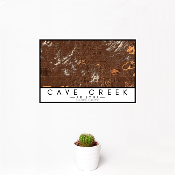 12x18 Cave Creek Arizona Map Print Landscape Orientation in Ember Style With Small Cactus Plant in White Planter