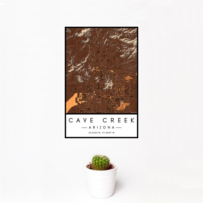 12x18 Cave Creek Arizona Map Print Portrait Orientation in Ember Style With Small Cactus Plant in White Planter