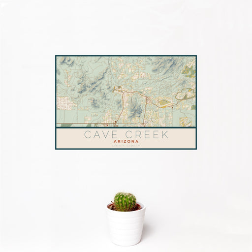 12x18 Cave Creek Arizona Map Print Landscape Orientation in Woodblock Style With Small Cactus Plant in White Planter