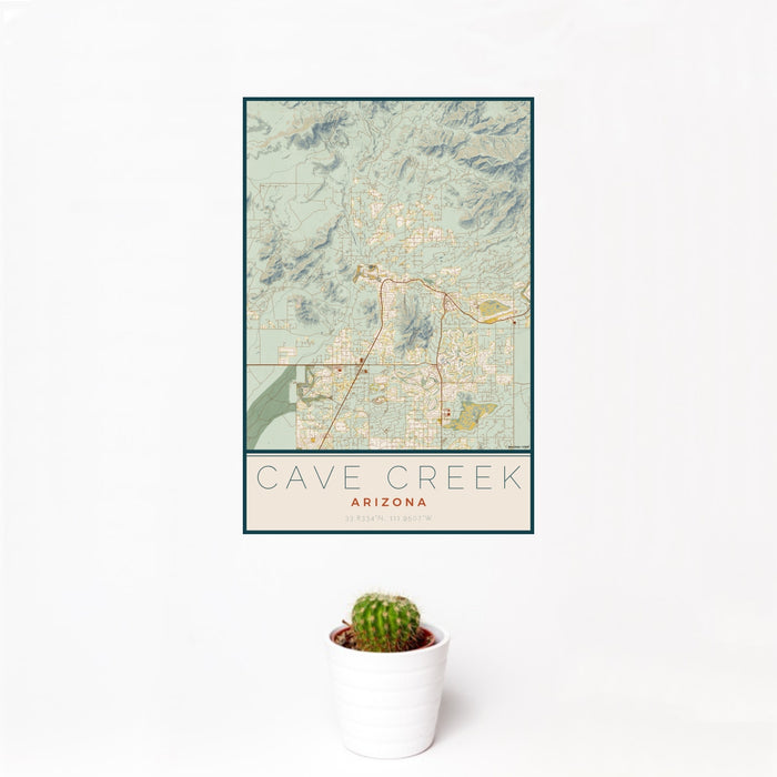 12x18 Cave Creek Arizona Map Print Portrait Orientation in Woodblock Style With Small Cactus Plant in White Planter