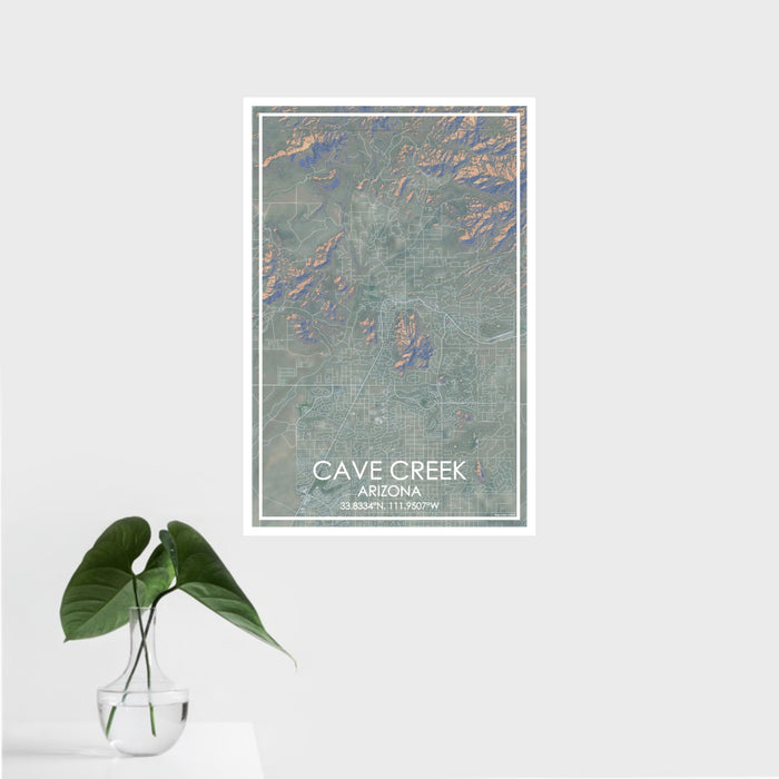 16x24 Cave Creek Arizona Map Print Portrait Orientation in Afternoon Style With Tropical Plant Leaves in Water