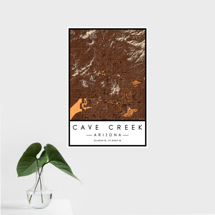 16x24 Cave Creek Arizona Map Print Portrait Orientation in Ember Style With Tropical Plant Leaves in Water