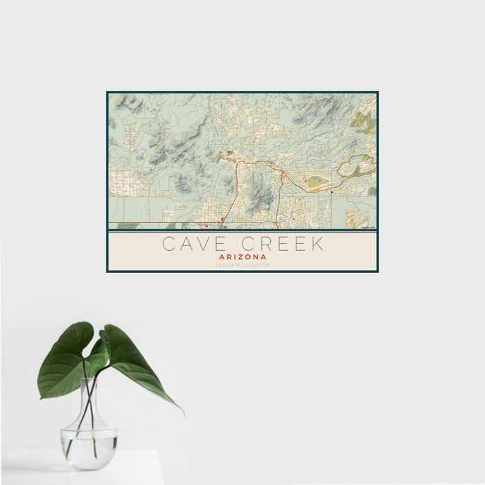 16x24 Cave Creek Arizona Map Print Landscape Orientation in Woodblock Style With Tropical Plant Leaves in Water