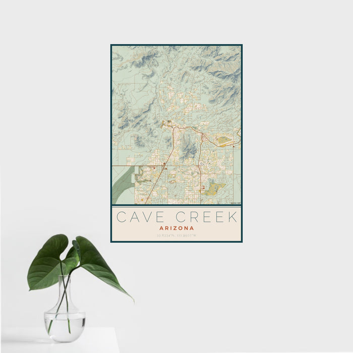 16x24 Cave Creek Arizona Map Print Portrait Orientation in Woodblock Style With Tropical Plant Leaves in Water