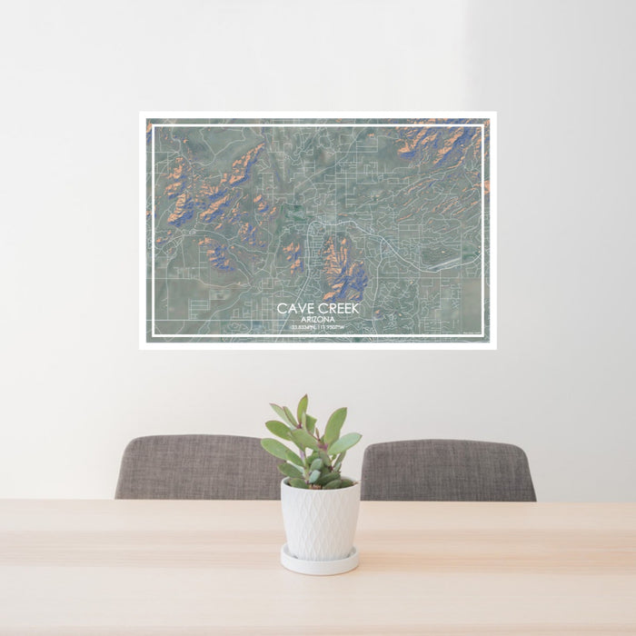 24x36 Cave Creek Arizona Map Print Lanscape Orientation in Afternoon Style Behind 2 Chairs Table and Potted Plant