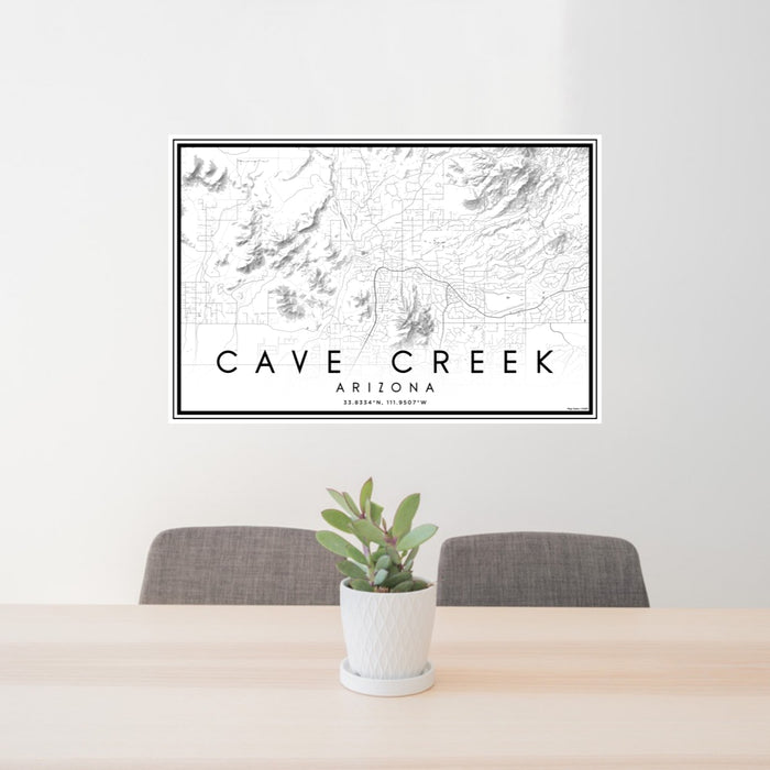 24x36 Cave Creek Arizona Map Print Lanscape Orientation in Classic Style Behind 2 Chairs Table and Potted Plant