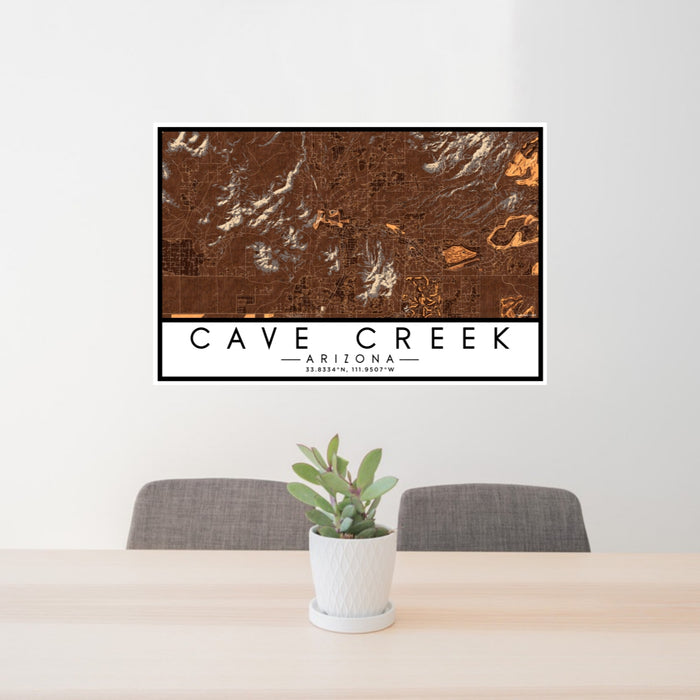 24x36 Cave Creek Arizona Map Print Lanscape Orientation in Ember Style Behind 2 Chairs Table and Potted Plant