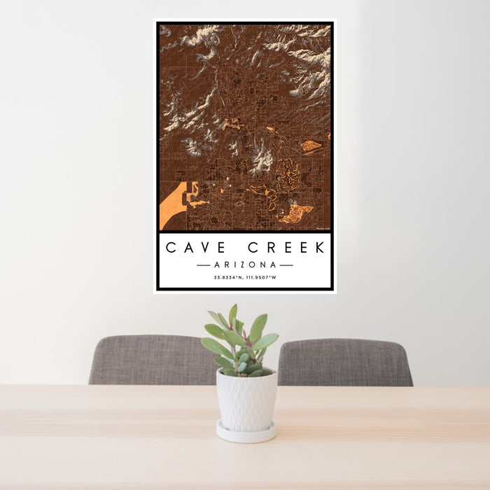 24x36 Cave Creek Arizona Map Print Portrait Orientation in Ember Style Behind 2 Chairs Table and Potted Plant