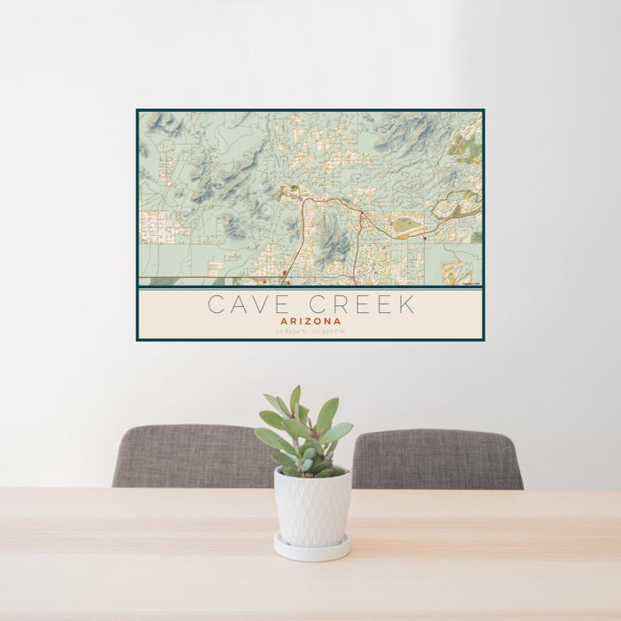 24x36 Cave Creek Arizona Map Print Lanscape Orientation in Woodblock Style Behind 2 Chairs Table and Potted Plant
