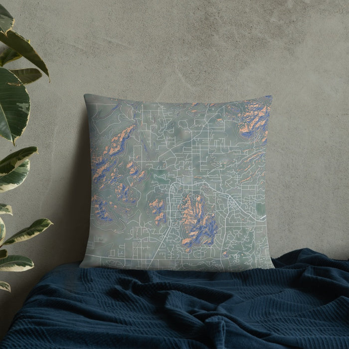 Custom Cave Creek Arizona Map Throw Pillow in Afternoon on Bedding Against Wall