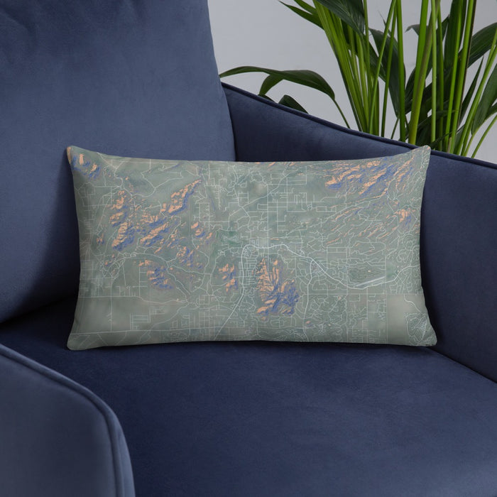 Custom Cave Creek Arizona Map Throw Pillow in Afternoon on Blue Colored Chair
