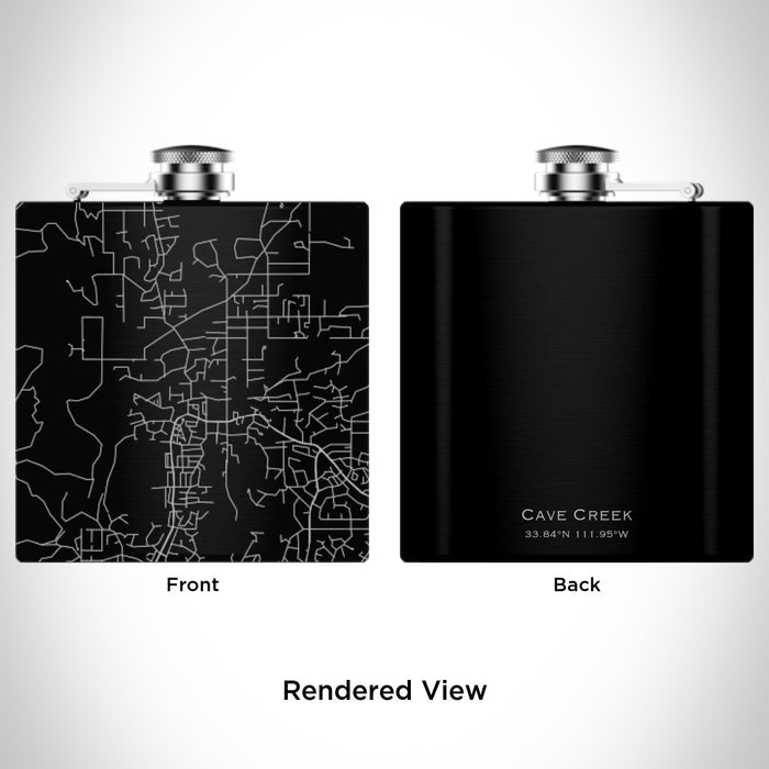 Rendered View of Cave Creek Arizona Map Engraving on 6oz Stainless Steel Flask in Black