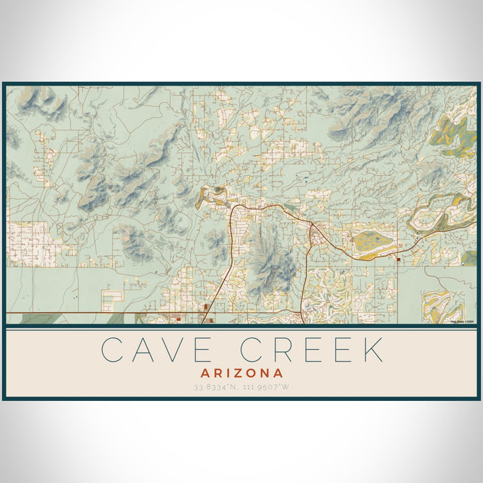 Cave Creek Arizona Map Print Landscape Orientation in Woodblock Style With Shaded Background