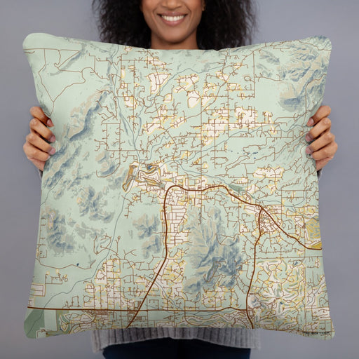 Person holding 22x22 Custom Cave Creek Arizona Map Throw Pillow in Woodblock