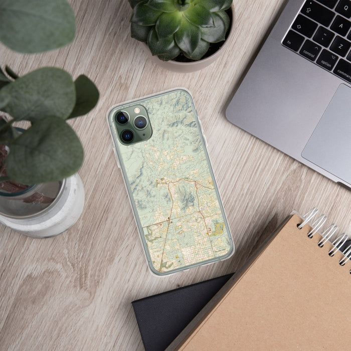 Custom Cave Creek Arizona Map Phone Case in Woodblock on Table with Laptop and Plant