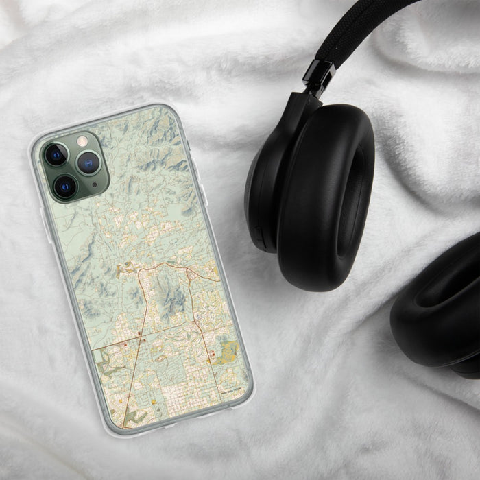 Custom Cave Creek Arizona Map Phone Case in Woodblock on Table with Black Headphones
