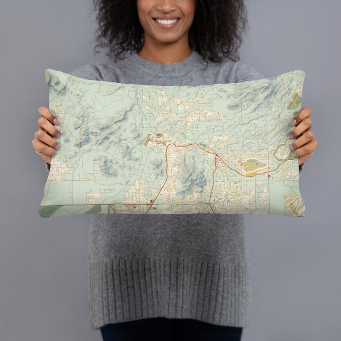 Person holding 20x12 Custom Cave Creek Arizona Map Throw Pillow in Woodblock