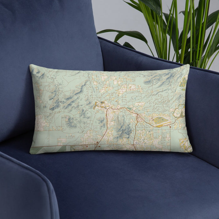 Custom Cave Creek Arizona Map Throw Pillow in Woodblock on Blue Colored Chair