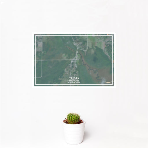 12x18 Cedar Michigan Map Print Landscape Orientation in Afternoon Style With Small Cactus Plant in White Planter